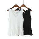Blusa feminina sem mangas com decote em V Laço nas costas Tecido delicadamente plissado Bainha de volantes Poliéster para o tempo quente 3