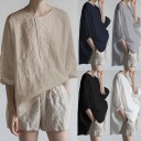 Blusa feminina solta em 100% algodão Decote redondo Mangas largas e dobradas Parte traseira alongada Aberturas laterais Pregas 5