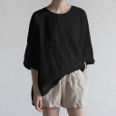 Blusa feminina solta em 100% algodão Decote redondo Mangas largas e dobradas Parte traseira alongada Aberturas laterais Pregas 7