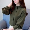Blusa formal de mujer con mangas largas y sueltas y puños estrechos Cuello alto Pliegue vertical en el frente Para entrevistas 3