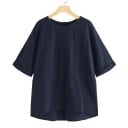 Blusa holgada para mujer de 100% algodón Cuello redondo Mangas amplias y dobladas Panel trasero alargado Aberturas laterales Pliegues 4