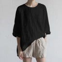 Blusa holgada para mujer de 100% algodón Cuello redondo Mangas amplias y dobladas Panel trasero alargado Aberturas laterales Pliegues 7