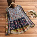 Blusa in cotone per donna con stampa floreale e bordo in pizzo Composta da strisce di diversi motivi Maniche lunghe Collo rotondo Taglio morbido 4