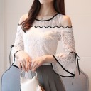 Blusa in pizzo da donna con spalle scoperte Maniche a campana con fiocchi Bordo ondulato Poliestere con spandex Per occasioni formali 6