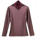 Blusa justa feminina em couro sintético e poliéster com mangas longas ajustadas Gola alta até ao pescoço Superfície brilhante Estilo 5