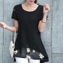 Blusa larga de mujer con mangas cortas y motivo floral Dobladillo en capas Escote redondo Poliéster y algodón Corte elegante y suelto 3