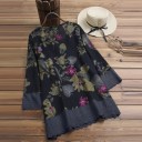 Blusa longa feminina com estampagem floral e mangas longas Decote em V com botões Renda Polyester e algodão Corte solto e confortável 8