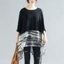 Blusa lunga da donna ampia con maniche lunghe Parte superiore nera e parte inferiore trasparente con motivo astratto Orlo asimmetrico a punte 4
