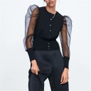 Blusa negra para mujer con largas mangas transparentes y abullonadas Cierre de botones Escote redondo Puños anchos Poliéster y algodón 3