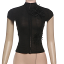 Blusa negra para mujeres semitransparente de manga corta con flores 3D decorativas blusa elegante para ocasiones especiales con material elástico 4