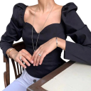 Blusa nera da donna con arricciature Scollo a V Maniche lunghe Blusa elegante monocolore in poliestere ed elastan 2