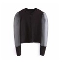 Blusa nera da donna con lunghe maniche voluminose e trasparenti Chiusura a bottoni Collo rotondo Ampie polsini Poliestere e cotone 1