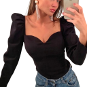 Blusa preta feminina com franzido Decote em V Manga longa Blusa elegante de cor sólida em poliéster e elastano 4