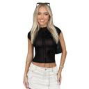 Blusa preta feminina semi-transparente com mangas curtas e flores 3D decorativas blusa social elegante em material elástico 2