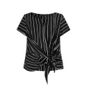 Blusa riscada feminina com decote em V e laço na cintura Blusa leve e elegante para uso diário 8