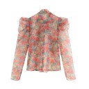 Blusa transparente para mujer con estampado floral colorido Cuello con lazo Hombros voluminosos Mangas largas Poliester 2