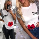 Bluză albă pentru femei cu imprimeu pe față Motiv de gene și buze roșii Mâneci scurte cu volane și model în carouri Decolteu rotund Poliester 6