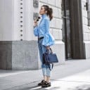 Bluză bleu pentru femei cu mâneci lungi și pufoase Guler înalt cu margine plisată Trei nasturi la gât Croi drept Bumbac și poliester 2