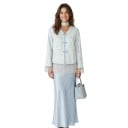 Bluză damă albastră deschisă, cu croi lejer, mâneci lungi, decolteu în V, cu nasturi decorativi și dantelă la tiv și pe mâneci 1