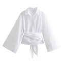 Bluză de damă cu mâneci lungi și manșete largi Croială înfășurată Curea cu legături fixe Top elegant pentru stilul 3