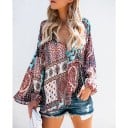 Bluză de vară pentru femei cu mânecă lungă tip balon Imprimeu patchwork colorat cu ornamente Decolteu în V cu șnur Lejeră Poliester 3