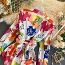 Bluză pentru femei cu imprimeu abstract colorat pe fundal alb Legare la talie Mâneci lungi cu manșete largi Guler de cămașă Poliester 5