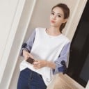Bluză pentru femei cu mâneci în dungi și fundițe simplă cu decolteu rotund din bumbac cu amestec de poliester stil marinăresc 5