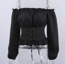 Bluză pentru femei cu umeri descoperiți și talie corset cu șnur Mâneci lungi cu volane Mătase artificială 2