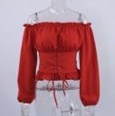 Bluză pentru femei cu umeri descoperiți și talie corset cu șnur Mâneci lungi cu volane Mătase artificială 3