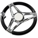 Boat Steering Wheel with Rotating Knob Diameter 34 cm Three-Spoke Chrome Arms Black Rim for Boat Yacht Motorboat and Fishing 1