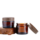 Bocal en verre pour crème 20 g en verre brun avec couvercle en bois et couvercle intérieur en plastique, boîte cosmétique brune pour crèmes, baumes et pommades 2