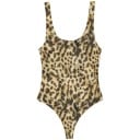 Body da donna aderente con spalline larghe, scollatura rotonda profonda e gambe altamente sgambate in materiale elastico leopardato 1