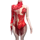 Body de danse pour femmes avec paillettes et franges, une manche longue, col montant et résille, en matériau rayon, pour la danse latine 5
