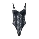 Body din dantelă pentru femei, cu bretele, cu corset, cu cupe modelate și dantelă transparentă, cu închidere în zona inghinală, negru 1