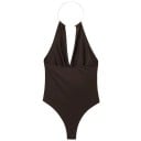 Body feminino justo com ombros à mostra, decote profundo, costas abertas e anel metálico atrás do pescoço em material elástico 3