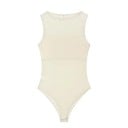 Body feminino transparente em rede sem mangas com decote redondo e faixa opaca sobre o peito em material elástico ajustado 5