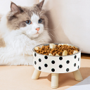 Bol din oțel inoxidabil pentru pisici și câini cu model cu buline pe picioare din lemn Diametru 14 cm Înălțime 9 cm Bol de designer pentru animale 3