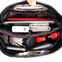 Bolsa crossbody feminina com pega oval em estrutura metálica Riscas brilhantes Bolso traseiro com fecho Alça destacável Couro PU 26 x 10 x 6