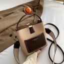 Bolsa crossbody feminina em forma de balde Alça para a mão Alça estreita e larga Bolso frontal em contraste Couro PU 19 x 19 x 12,5 cm 2