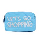 Bolsa de cosméticos feminina com dois compartimentos com fecho Frase em inglês colorida Argolas metálicas nas laterais Nylon 20 x 12 14
