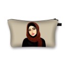 Bolsa de cosméticos feminina com estampado de mulher em hijab. Estojo de poliéster para maquilhagem e pequenos itens com fecho zip e alça 3
