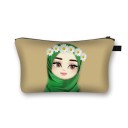 Bolsa de cosméticos feminina com estampado de mulher em hijab. Estojo de poliéster para maquilhagem e pequenos itens com fecho zip e alça 6