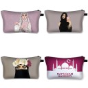 Bolsa de cosméticos feminina com estampado de mulher em hijab. Estojo de poliéster para maquilhagem e pequenos itens com fecho zip e alça 14