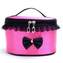 Bolsa de cosméticos para mujer con asa y lunares Forma ovalada Volante decorativo y lazo Cierre con dos deslizadores Poliéster 20 x 15 x 3