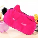 Bolsa de cosméticos para mujer en forma de gato con orejas Ojos cerrados bordados Pompon en el cierre de cremallera Tela con aspecto 5