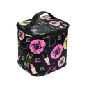 Bolsa de cosméticos para mujer negra con estampado de rosas y cosméticos Poliéster Asa en la tapa Cremallera alrededor de la tapa Forma redondeada 19 4