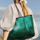 Bolsa de hombro para mujer 38 x 30 x 14 cm Gran bolsa shopper con patrón metálico de escamas Superficie brillante Asas de cuerda pasadas 4