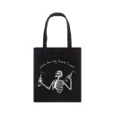 Bolsa de lona feminina com impressão de esqueleto 35 x 40 cm Bolsa de compras com duas alças longas Ilustração em contraste com a inscrição 3