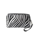 Bolsa de maquilhagem feminina com padrão de zebra. Estojo preto e branco em pele PU com fecho. Organizador de maquilhagem e artigos de higiene 3
