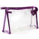 Bolsa de maquilhagem transparente para mulher em PVC com fecho Zíper com acabamento metálico Alça lateral com botão de pressão 24 x 7,5 x 15 1